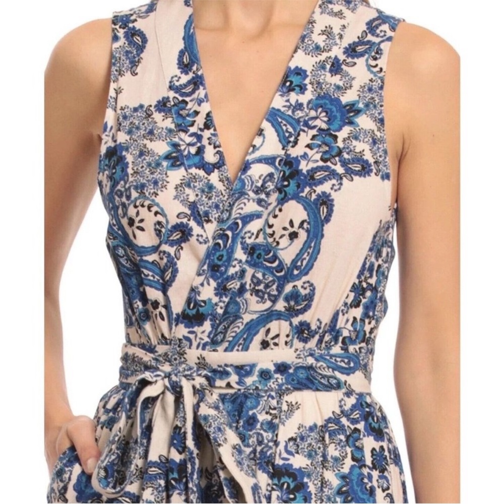 Christian LaCroix Blue/White Floral Linen Sleeveless Mini Wrap Dress Medium - Picture 5 of 14
